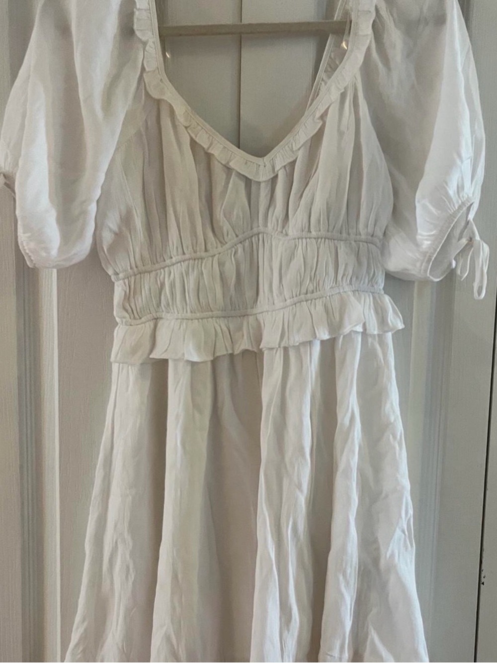White Ruffled V-Neck Peasant Dress